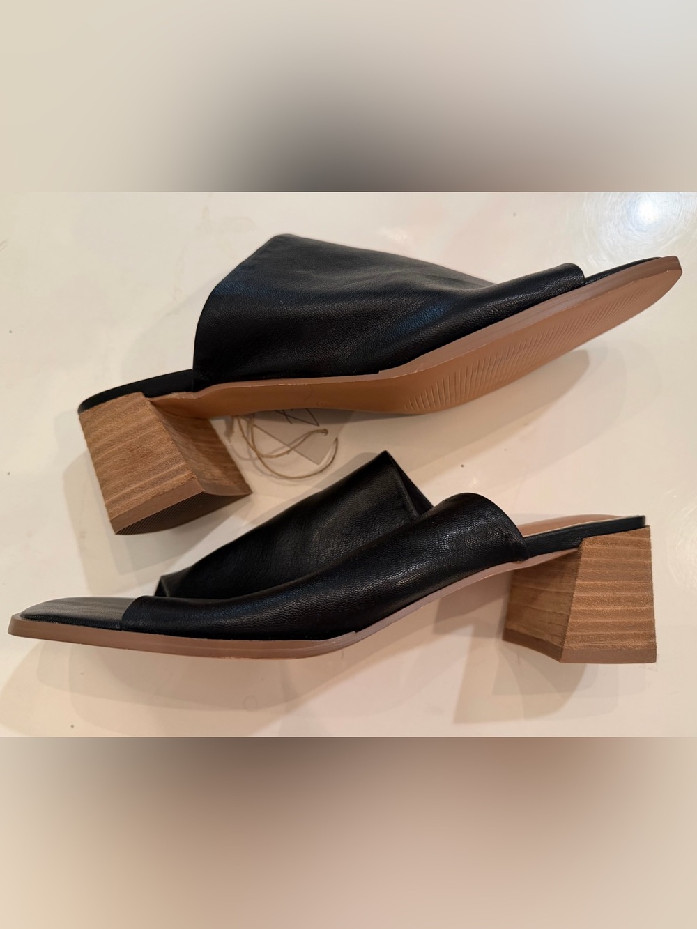 Black Leather Slides with Wood Block Heel by Joie